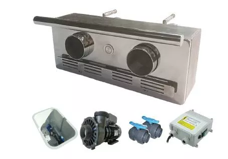 Super Jet Kit Tilestone A stainless-steel rectangular pool/spa wall fitting features two circular jet nozzles and a horizontal grab bar, shown alongside a pump, two valves, and a control box on a white background.