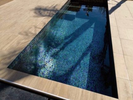Rectangular tiled plunge pool reflects palm-tree shadows and sunlight, sitting recessed in a light stone patio with stainless edging and surrounding beige paving under a clear daytime sky.