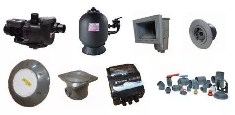 Tilestone Pools Kit Assortment of swimming pool equipment, pump, cartridge filter, skimmer, underwater light, drains and fittings, arranged side by side on a white background for product display photography. No readable text visible.
