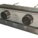 Rectangular stainless-steel box displays two large circular openings, a central button, horizontal bar across front, slotted vent grille below and two threaded studs protruding from top, on white background.