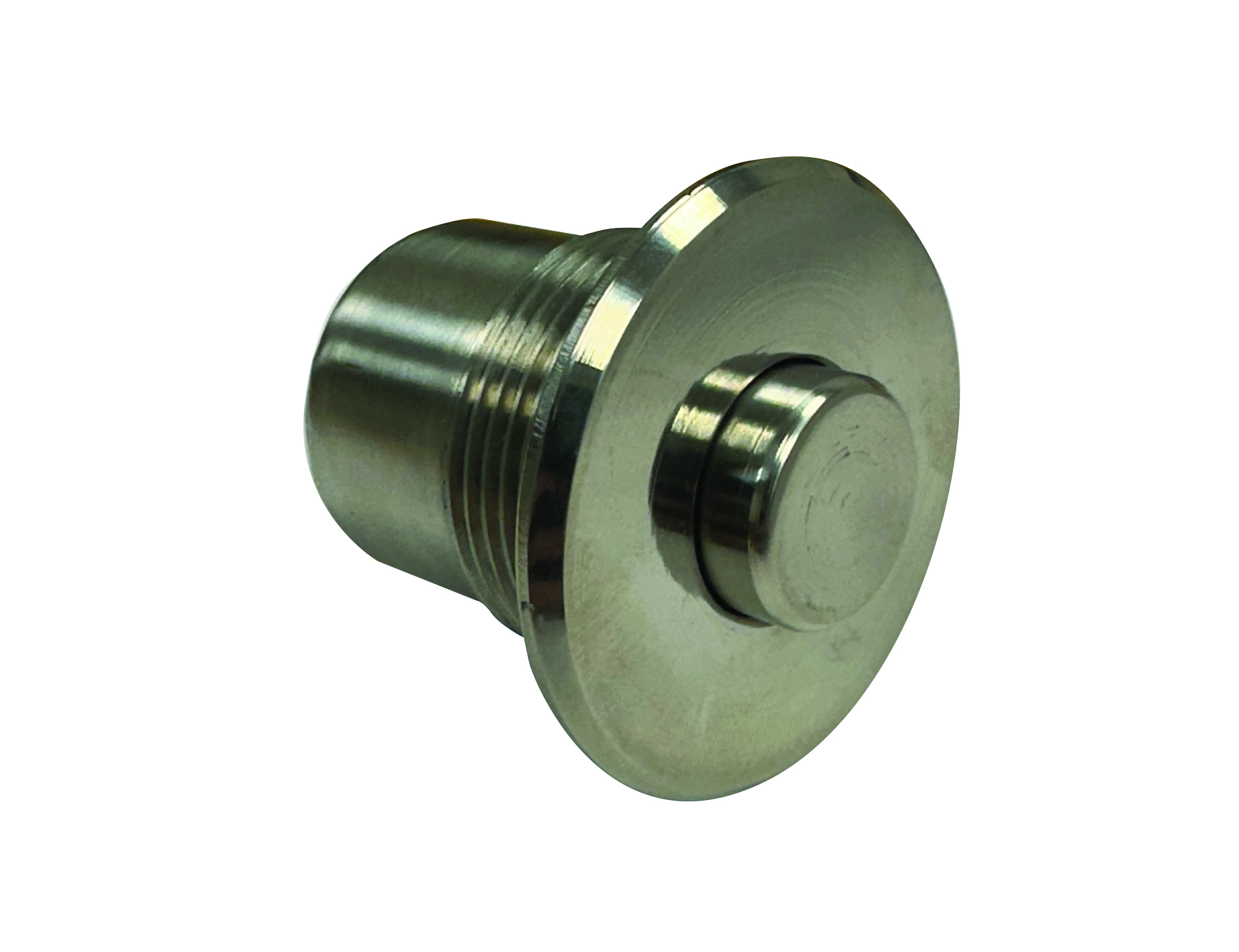 17319 Push Button 2024 Polished cylindrical metal push button assembly rests tilted with flange toward viewer, threaded body and central plunger visible against a plain white background.
