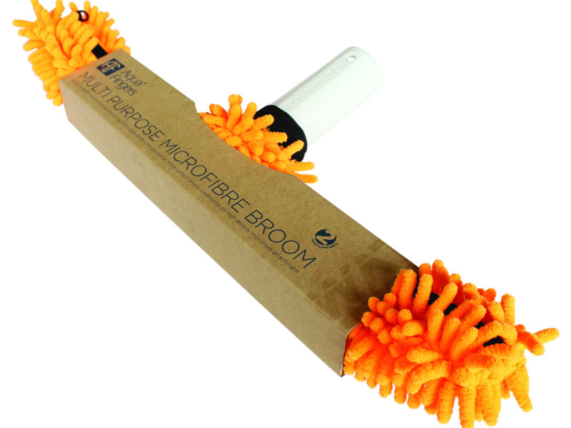 Orange chenille microfibre broom head attached to a short white handle rests on brown cardboard packaging against a white background. Text on packaging: "Aqua Fingers" "MULTIPURPOSE MICROFIBRE BROOM" "2 YEAR WARRANTY"