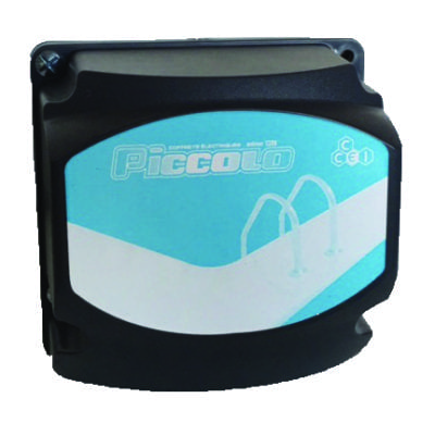 Electric Control Unit for Pneumatic Buttons Small black plastic control box with a blue-and-white wavy front label rests on a white background; front displays the text "Piccolo" and a circular "CE" mark.