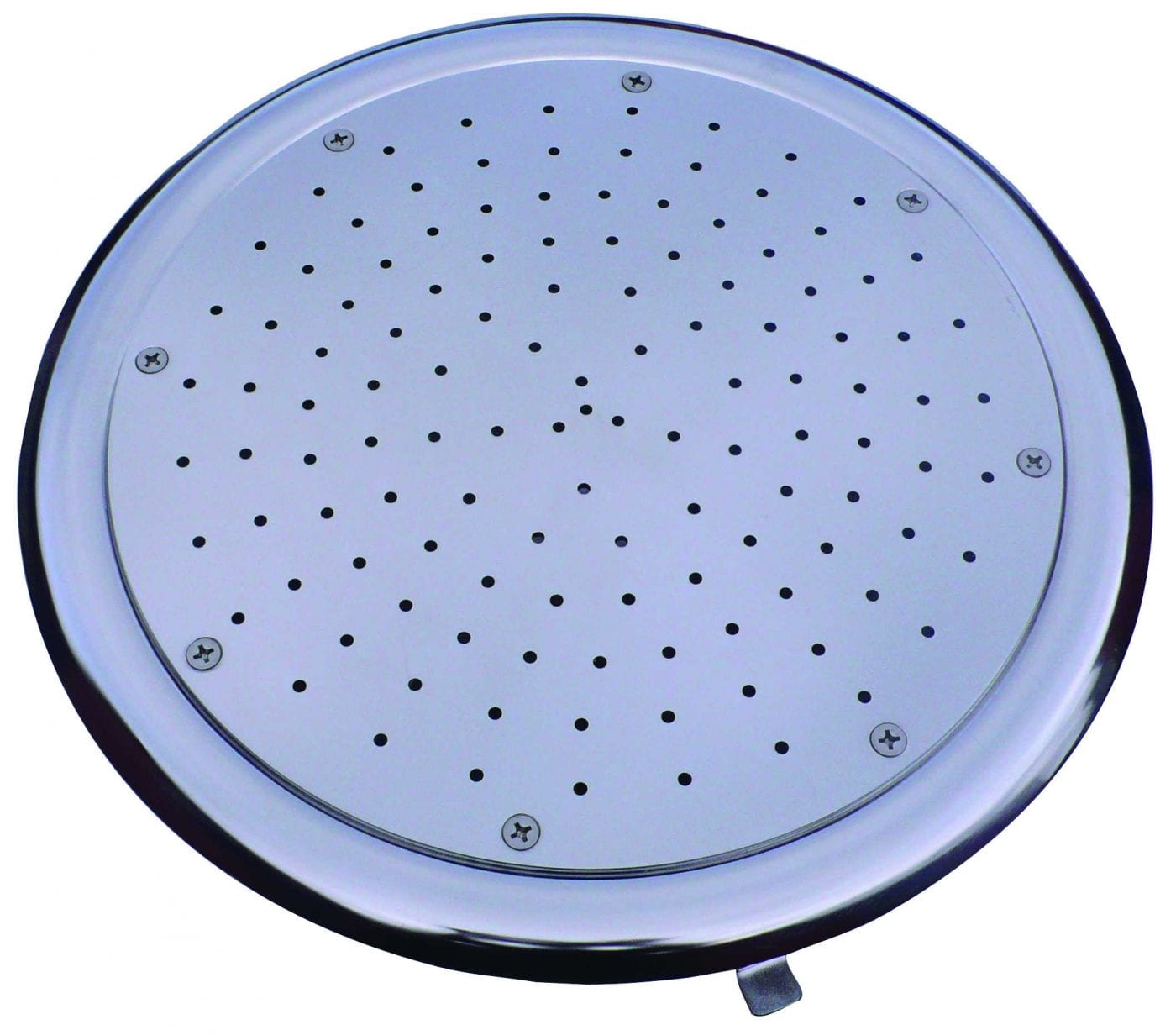 Hydro - Massage Circular Floor Plate - Concrete Round chrome showerhead displays dozens of small water nozzles; six screws secure its faceplate; photographed close-up against a plain white background.