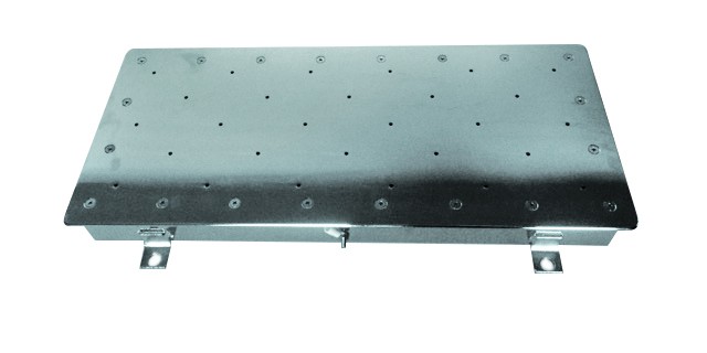 Hydro-massage Rectangle Floor - Seat Plate - Concrete Rectangular perforated metal panel lies flat, showing evenly spaced rivets and small round ventilation holes, two mounting brackets along one long edge, photographed against a plain white background.