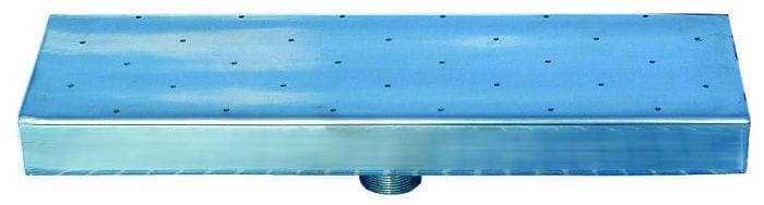 Hydro -massage Rectangle Floor Seat Plate - Liner Rectangular chrome showerhead features evenly spaced small nozzles across its flat surface, designed to spray water; sits facing down with a central threaded connector, shown on a white background.