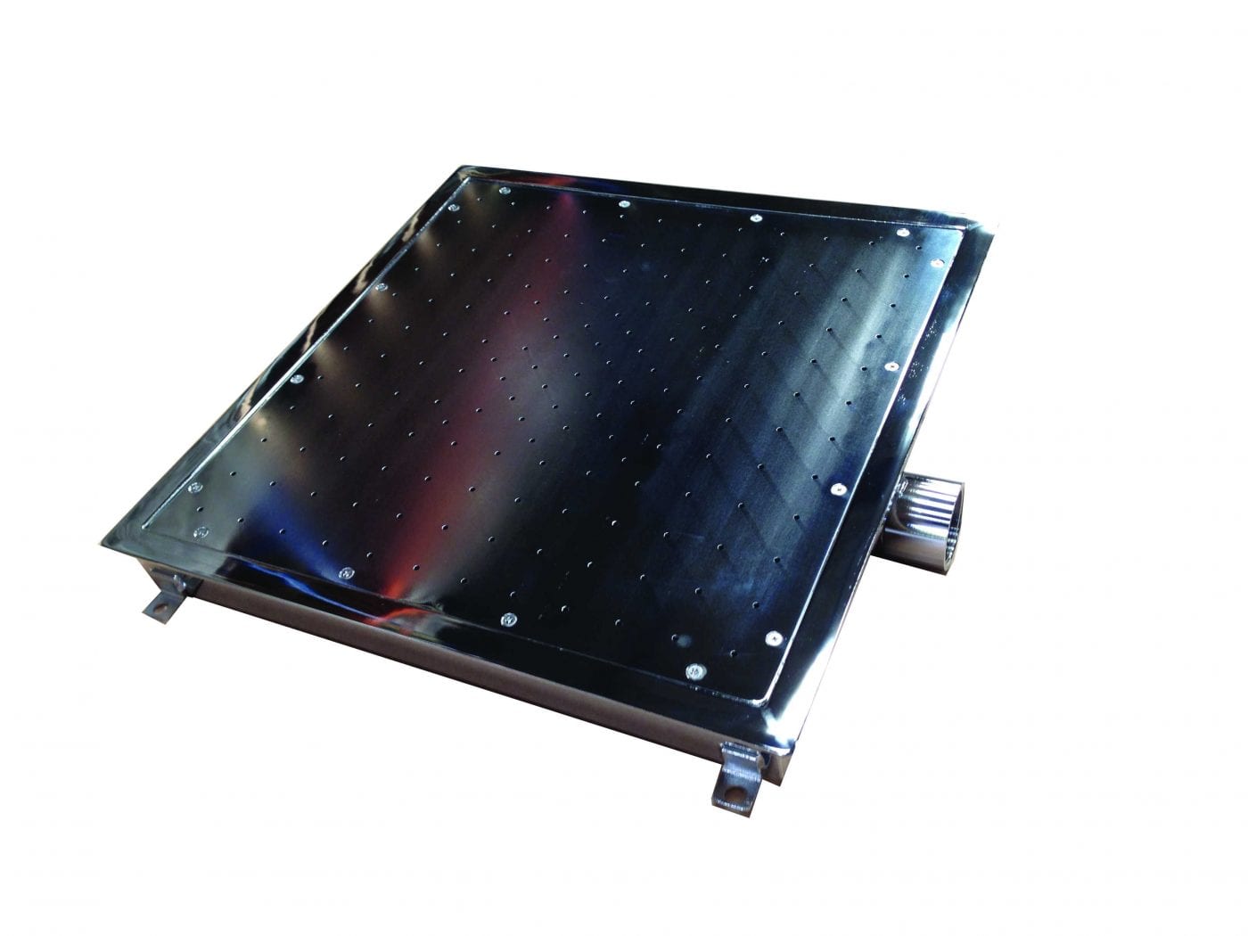 Hydro - massage Square Floor Plate - Concrete Square stainless steel perforated plate resting on mounting brackets, with evenly spaced small holes and bolted perimeter, a cylindrical inlet protrudes from one side against a plain white background.