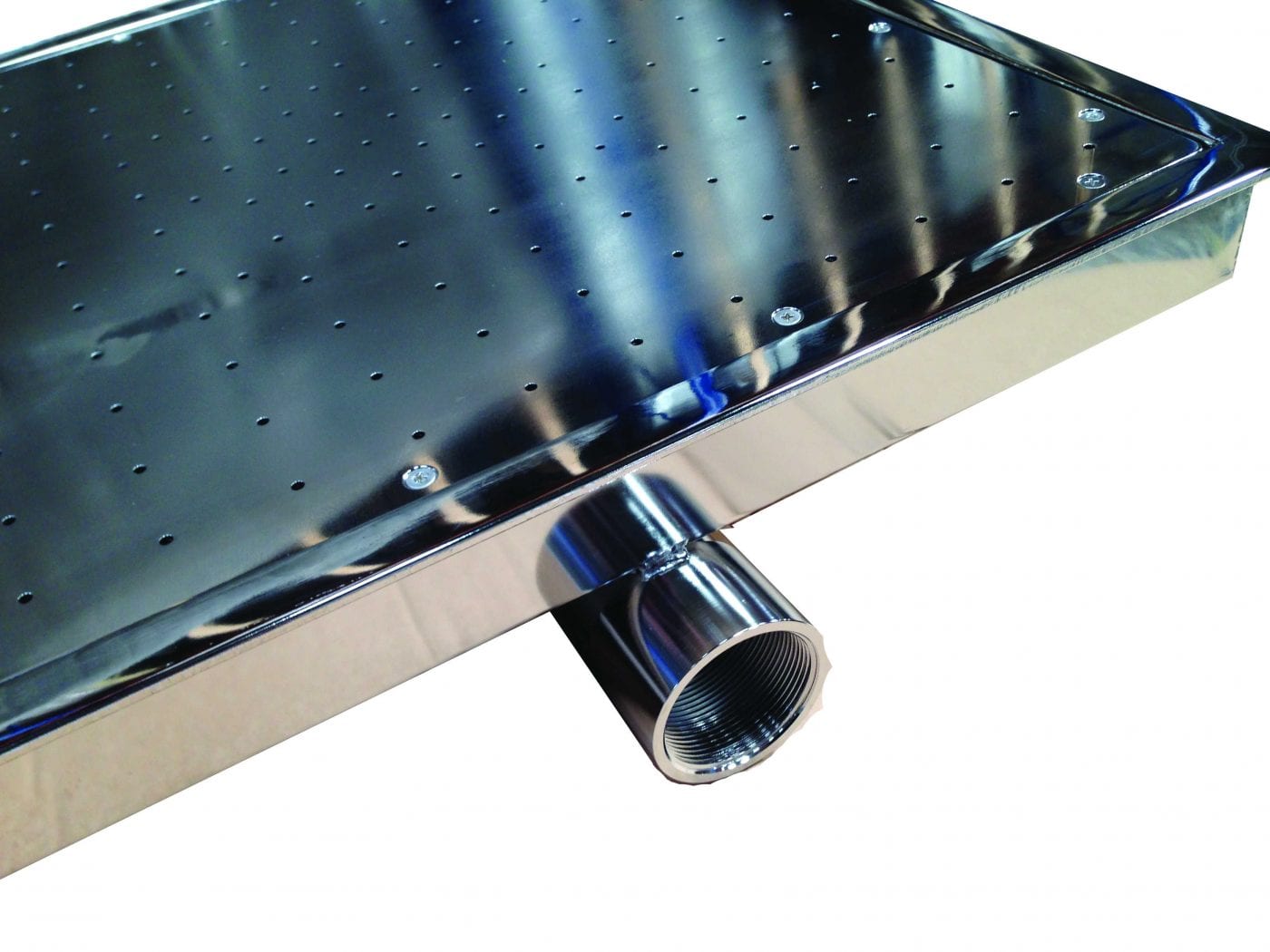 Hydro - massage Square Floor Plate - Liner Rectangular chrome showerhead plate dotted with an array of small spray holes, attached to a threaded cylindrical water inlet protruding beneath, reflecting blue highlights against a clean white background.