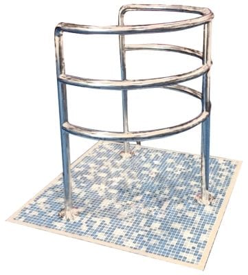 Hydro Station Chrome curved three-rail safety barrier stands mounted on a small square blue-and-white mosaic-tiled platform, forming a half-cylinder guardrail likely for pool or step-edge protection.
