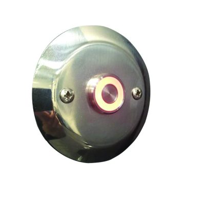 IMG_7988 cutout Circular stainless-steel wall plate mounted with two visible screws features a recessed round push button or indicator emitting soft pink light, centered against a plain white background.