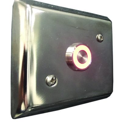 LED Electric Button (1) Chrome rectangular wall plate with a central circular push button glowing red; plate fastened by two screws, reflective finish mounted on a white wall.