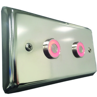 LED Electric Button (2) Chrome rectangular wall plate holds two circular push buttons with pink LED rings; plate is screw-mounted and shown angled on a white background with glossy reflections.