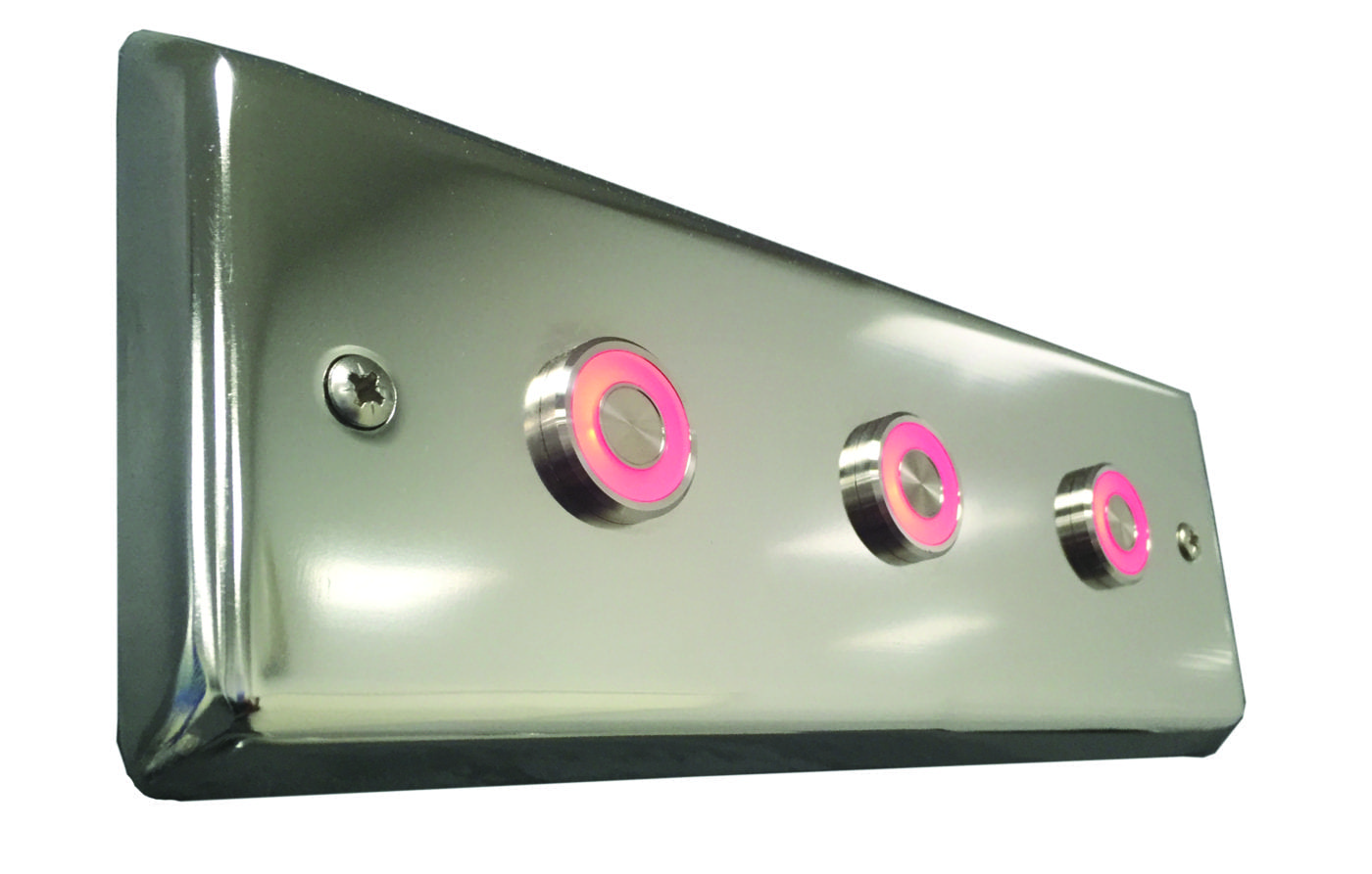 LED Electric Button (3) Stainless-steel angled wall plate with three circular illuminated pink-ring push buttons, two mounting screws visible, reflecting light as it sits isolated against a plain white background.