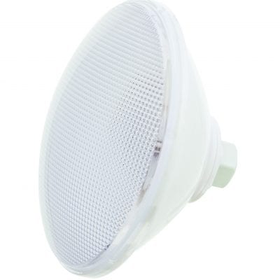 PAR56-Ecoproof-Seamaid-01-Copie-400x400 A white conical LED lamp tilts toward the viewer, showing a textured grid like diffuser and smooth plastic housing with a short hexagonal base against a plain white background.