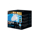 PAR56_front_rgb-400x400 PAR56 LED lamp pictured on retail box, showing the fixture and remote beside a lit pool to imply underwater backyard lighting. Text on box: PAR56, COLOR, LED LAMP, LED IN POOL, IP68, RGB, 17 Watts.