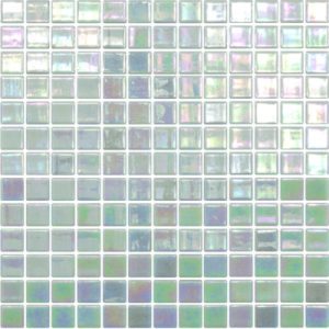 Square glass mosaic tiles reflect iridescent light, forming a uniform grid that covers the frame and produces a subtle gradient of pale green, blue, and purple on a glossy surface.