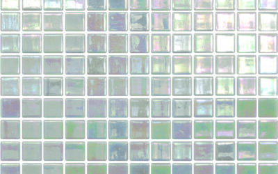 Square glass mosaic tiles reflect iridescent light, forming a uniform grid that covers the frame and produces a subtle gradient of pale green, blue, and purple on a glossy surface.