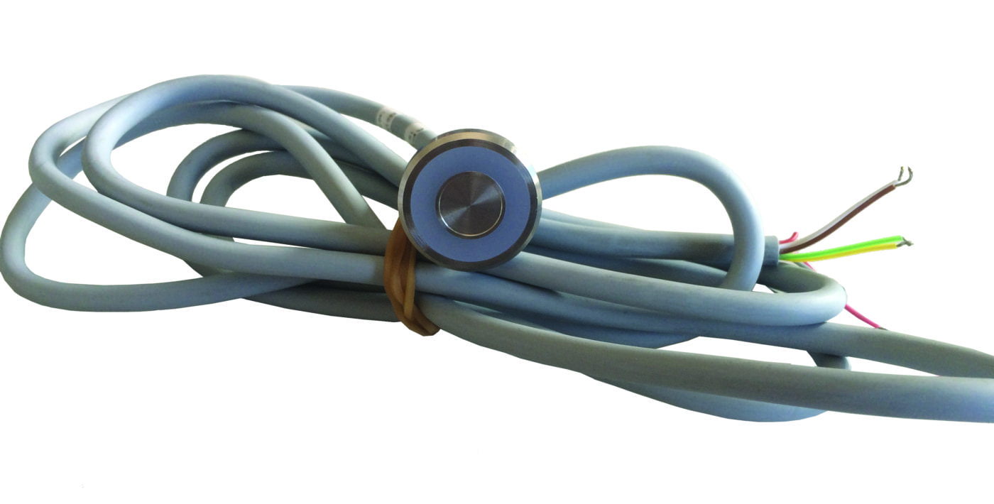 Piezo LED Button with 5m Cable Thick gray multi-conductor cable coiled and secured with a rubber band, with a round metal sensor near the wrap and colored exposed wires at one end on a white background.
