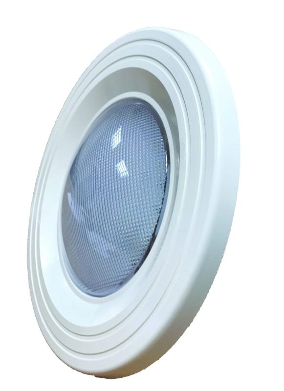 Seamaid Ecoproof Renovation Kit Round recessed ceiling light sits angled, showing a domed textured diffuser and concentric white trim against a plain white background.