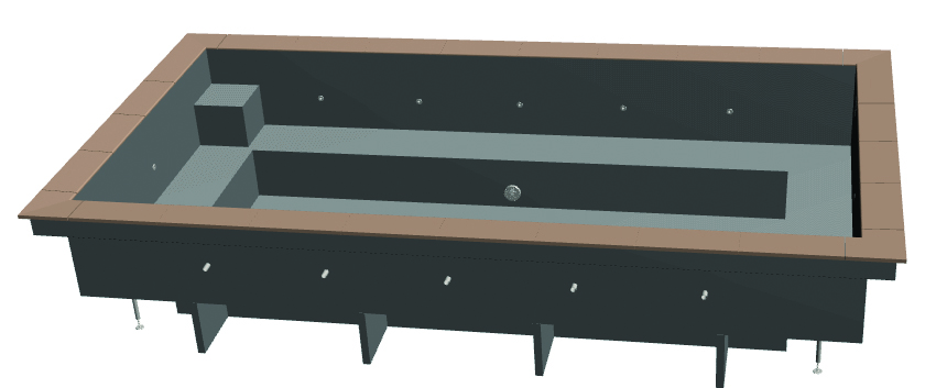 Rectangular recessed pool shell with internal bench and step sits empty within a black metal support frame, brown perimeter coping visible, set against a plain white background.