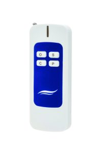 TC-radio-Seamaid-4-boutons-PAR56-RGB A handheld white remote control displays four labeled buttons reading O S C P, resting upright against a plain white background.