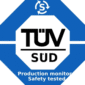 TUV logo TÜV SÜD logo centered in a white octagon on a blue octagonal field, circular-arrow emblem above; bold "TÜV" over "SÜD" with small text "Production monitor Safety tes".