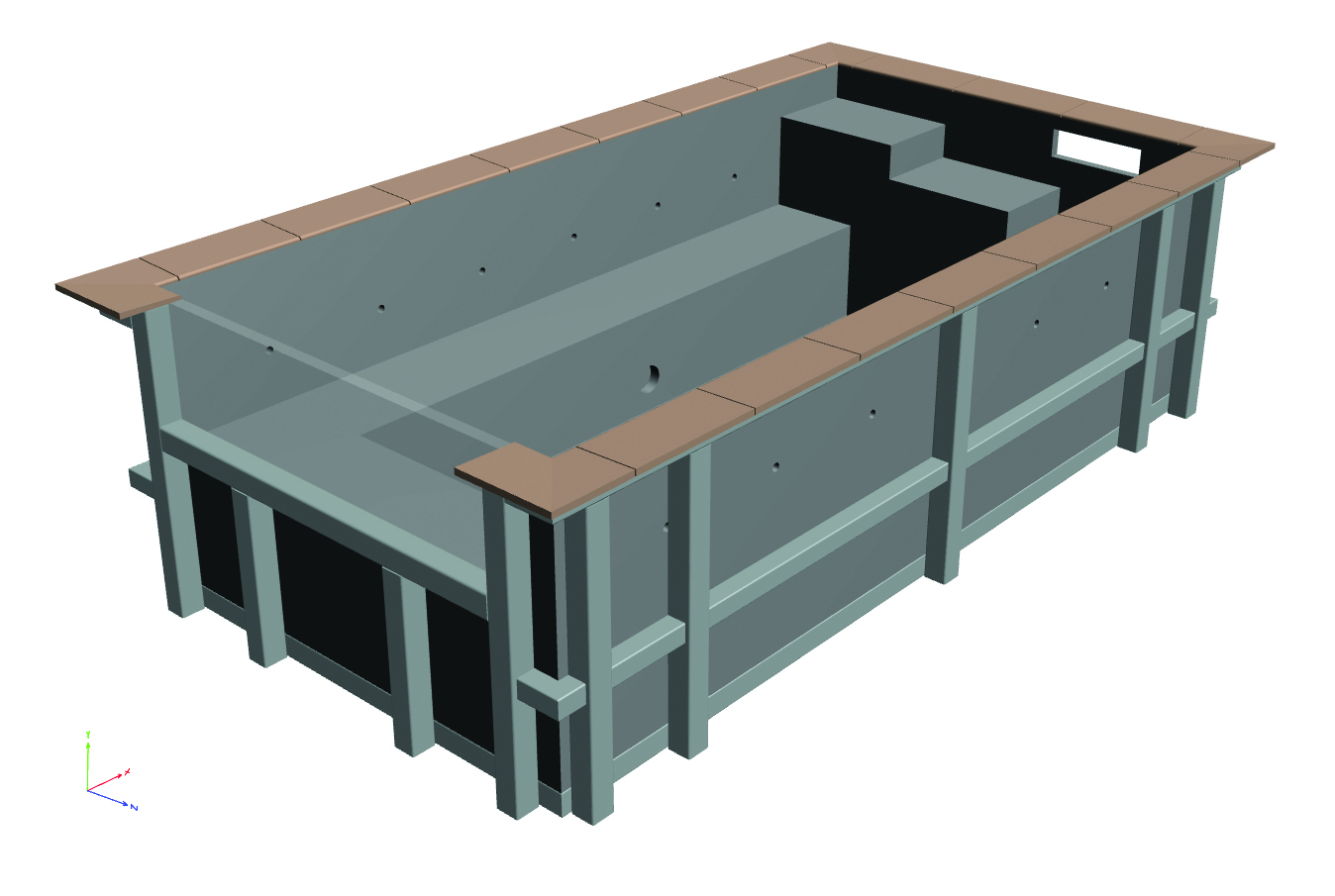 Rectangular pool shell rendered in teal with brown coping, sitting empty to reveal stepped seating and a central bench, shown in isolation on a white background; axis marker text: X Y Z