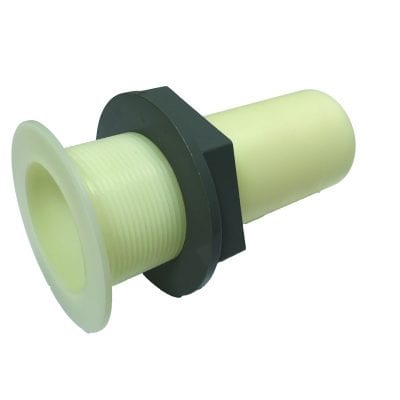 WT -1 Spa Niche A pale yellow plastic threaded bulkhead fitting with a flared flange and tapered spigot, secured by a dark hexagonal nut, shown against a plain white background.