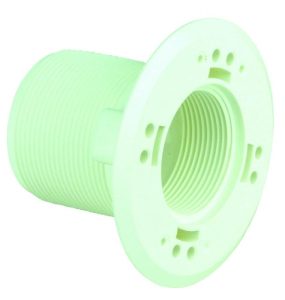 WT5-cut-out-C-665x700 A cylindrical plastic threaded pipe adapter with a circular mounting flange and multiple screw holes, shown lying at an angle against a plain white background.