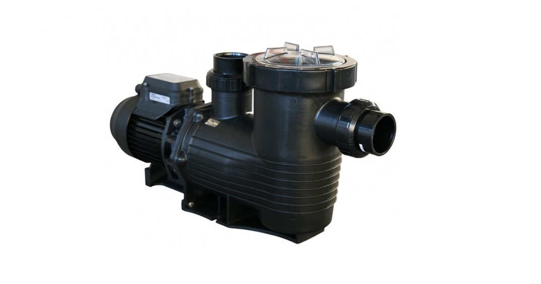 Black centrifugal swimming pool pump with clear lid
