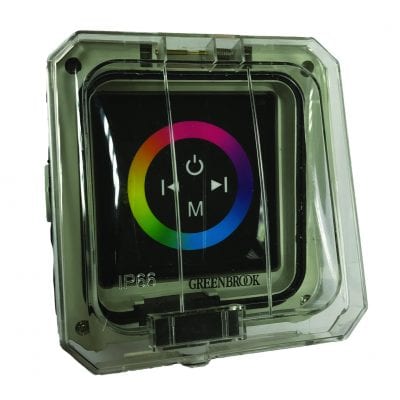 Watertec RGB controller with 1P66 box 0 Square waterproof RGB touch controller in clear plastic enclosure displays multicolor ring and central power symbol with left and right arrows and M button, labeled IP66 GREENBROOK