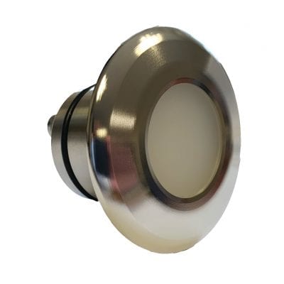 Watertec WT1 Light front Round metal push button LED indicator sits at an angle on a white background, revealing a brushed steel bezel, frosted diffuser and threaded tail with rubber O ring for mounting.