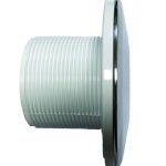 Watertec-WT2-Conc-Side-View-1-552x700 White plastic threaded bulkhead fitting rests sideways, showing a ribbed cylindrical body and a smooth circular flange with chrome trim, photographed against a plain white background.