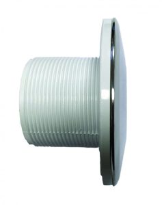 Watertec-WT2-Conc-Side-View-1-552x700 White plastic threaded bulkhead fitting rests sideways, showing a ribbed cylindrical body and a smooth circular flange with chrome trim, photographed against a plain white background.