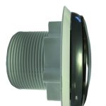 Watertec WT2 Liner Side View with faceplate A gray threaded plastic plumbing fitting with a white flange and black glossy trim sits horizontally against a white background, shown in profile highlighting threads and sealing lip.