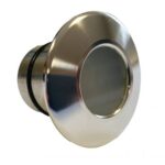 Watertec WT3 Lights front on Polished stainless-steel circular recessed fixture with central round glass lens sits tilted, revealing threaded cylindrical body and rubber O-ring, photographed against a clean white background.