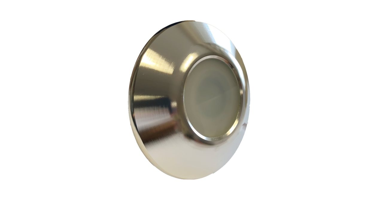 Watertec-WT5-Light-front-on A circular brushed stainless-steel recessed LED puck light presents a frosted central lens and reflective rim, shown unlit and isolated on a plain white background for product display.