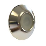 A circular brushed stainless-steel recessed LED puck light presents a frosted central lens and reflective rim, shown unlit and isolated on a plain white background for product display.