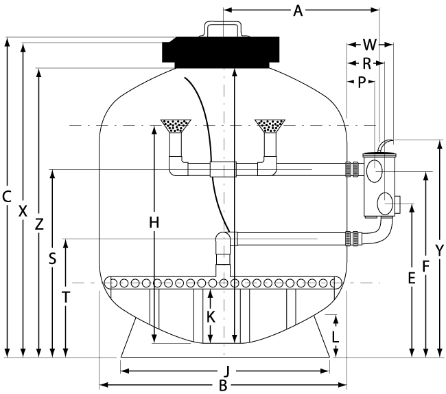 MICRON FILAMENT WOUND SAND FILTER dimensions A vertical domed pressure vessel (object) with internal piping and a perforated distributor plate routing fluid between inlet/outlet connections (action) shown as a dimensioned engineering drawing (context). Text: A, W, R, P, C, X, Z, S, T, H, K, L, J, B, Y, E, F.