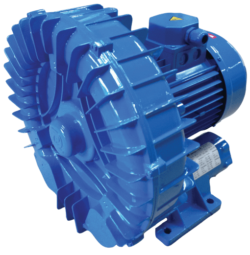 swimming pool air blower Blue industrial side-channel blower sits mounted on a base, its finned housing and attached electric motor idle in a studio-style product photo; a small white metal label is visible but its text is illegible.