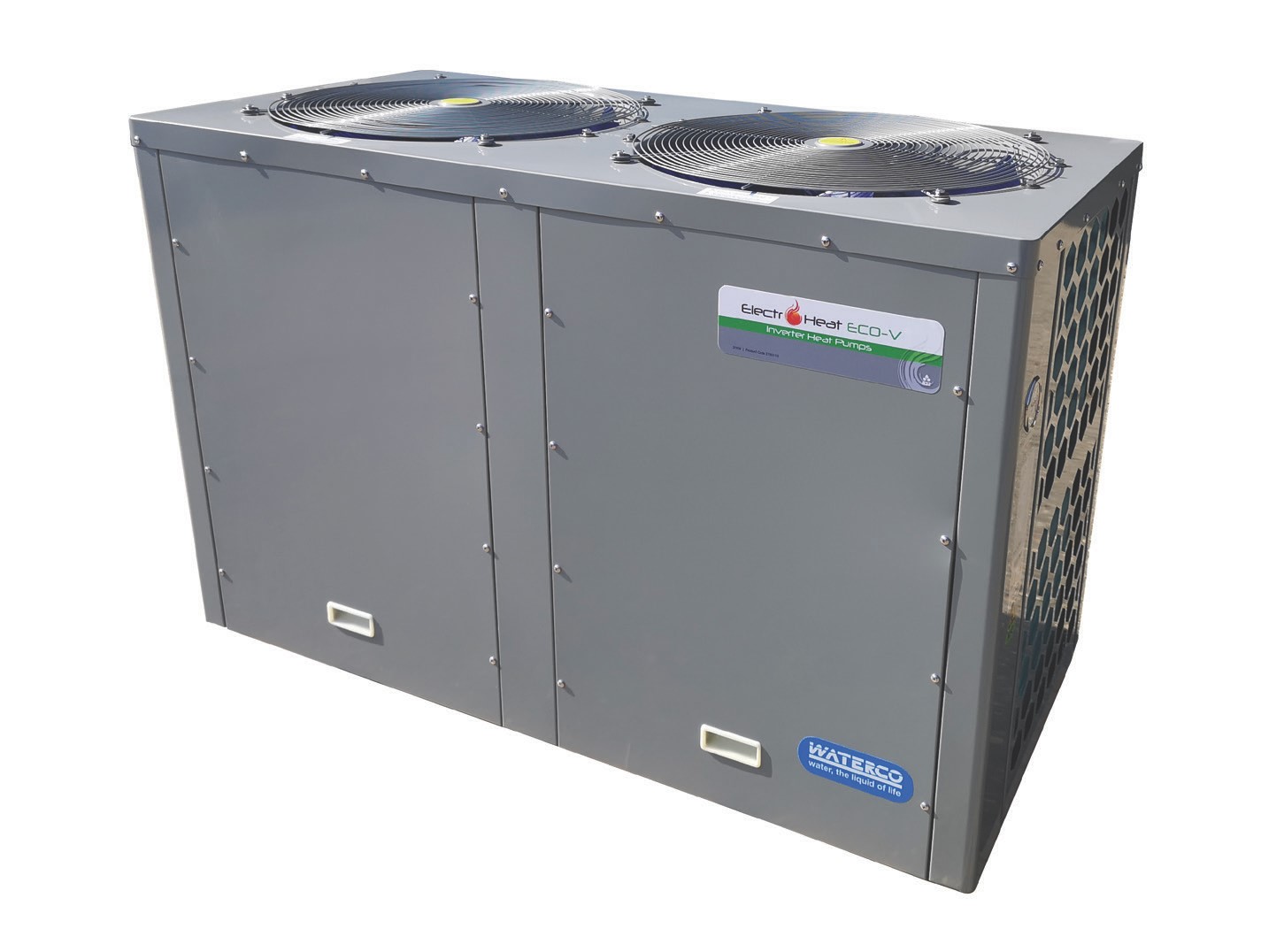 Large gray rectangular heat-pump unit with two axial fans on top sits isolated on a white background; metal panels and side grille visible. Text on unit: "Electro Heat ECO-V Inverter Heat Pumps" and "WATERCO water, the liquid of life".