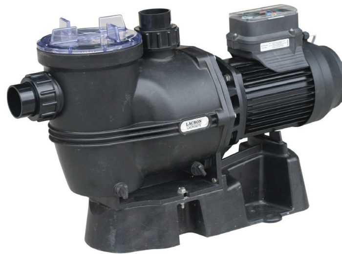 Black plastic pool pump sits on a molded base, clear screw-top strainer lid at left, cylindrical electric motor attached at right, threaded inlet/outlet fittings at front. Small label and motor sticker present but illegible.