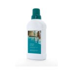 White plastic bottle with green cap stands on white background, showing turquoise label with pool photo and woman; label text: AQUA FLOC (remaining small text illegible)