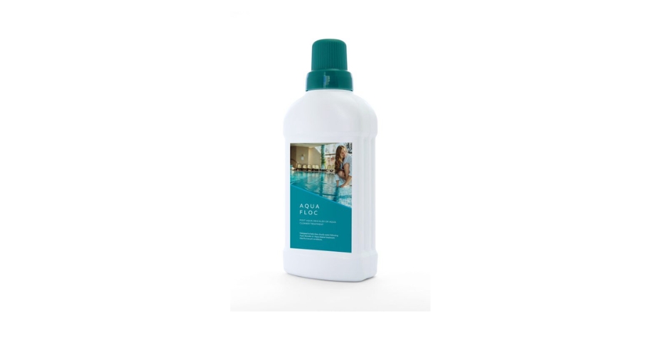 aquafloc-prvw White plastic bottle with green cap stands on white background, showing turquoise label with pool photo and woman; label text: AQUA FLOC (remaining small text illegible)