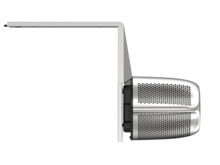 Slim horizontal desk arm connects to a vertical mount, where a dual cylindrical perforated silver speaker is attached sideways, set against a clean white background.