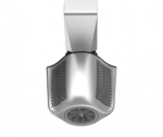Overhead metallic jet-style fan assembly mounted to a rectangular arm, visible turbofan at bottom and perforated intake panels on a smooth curved housing against a white background.