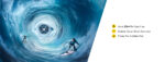 A surfer rides a massive swirling ocean vortex while a second surfer navigates the barrel, surrounded by turbulent blue water; white promotional panel at right reads: Up to 230m³/h Turbo Flow, Realistic Ocean Waves Dynamics, Fitness Fun & Safety First